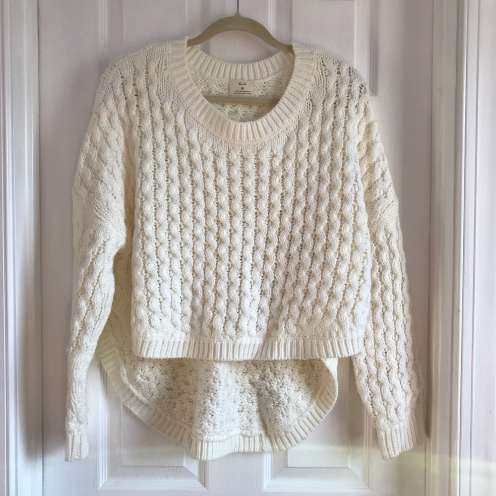 Hi/low cable sweater. So so soft and comfy.